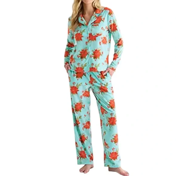 ADONNA Aqua Poinsettia Pajama Set in Aqua/Red Size Large -- NWOT - Picture 1 of 5